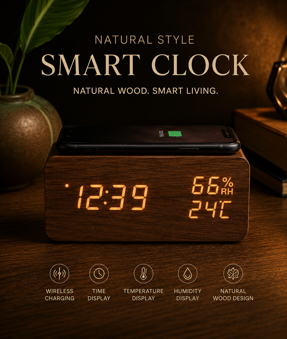 Smart Wireless Charging Wooden Alarm Clock Creative Wooden