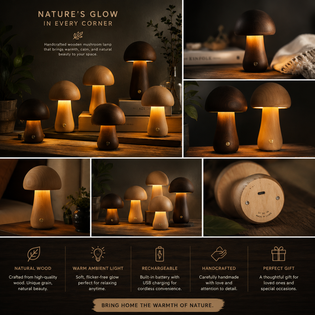 INS Wooden Cute Mushroom LED Night Light With Touch Switch  Bedside Table Lamp For Bedroom Childrens Room Sleeping Night Lamps Home Decor