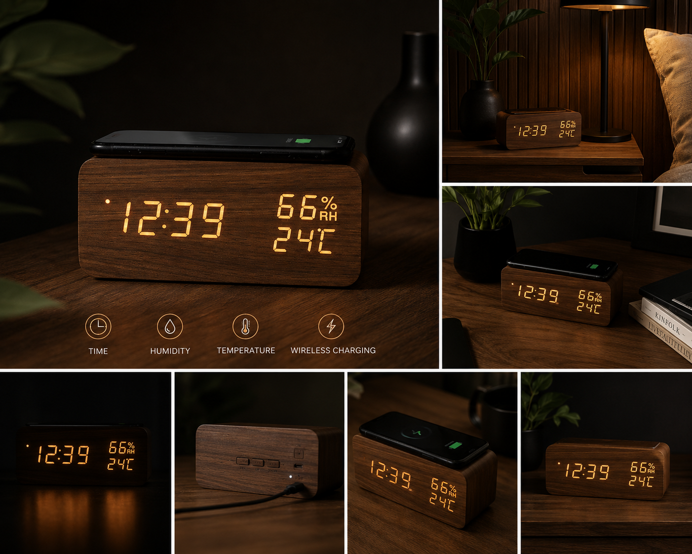 Smart Wireless Charging Wooden Alarm Clock Creative Wooden
